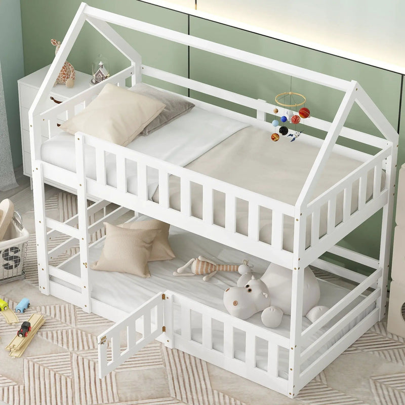 Twin Over Twin House Bunk Bed With Fence And Door by HouseOfZazla