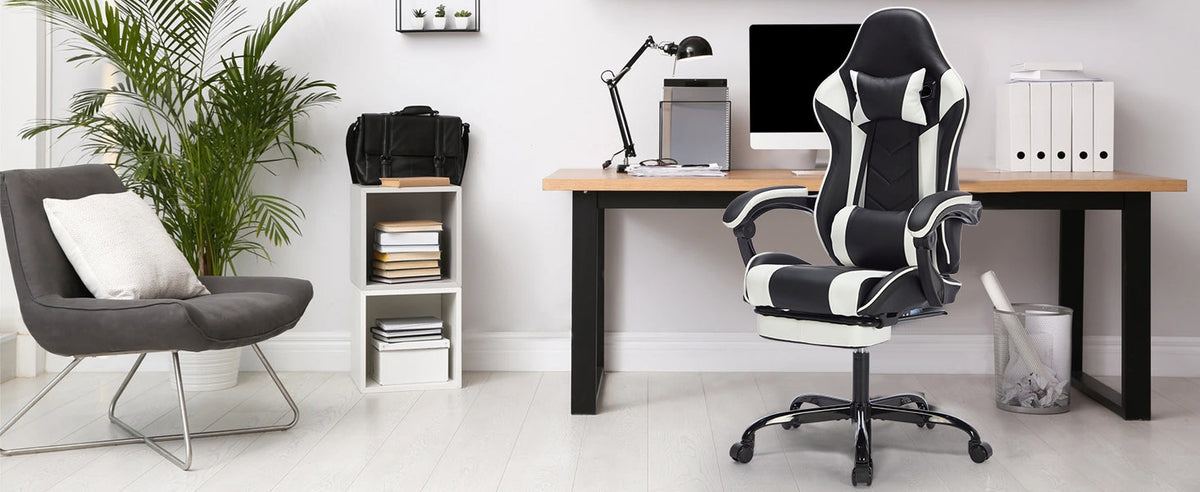Ergonomic Gaming Chair with Footrest and Massage Lumbar Pillow – Black White / Black+Orange, photo 9 of 10