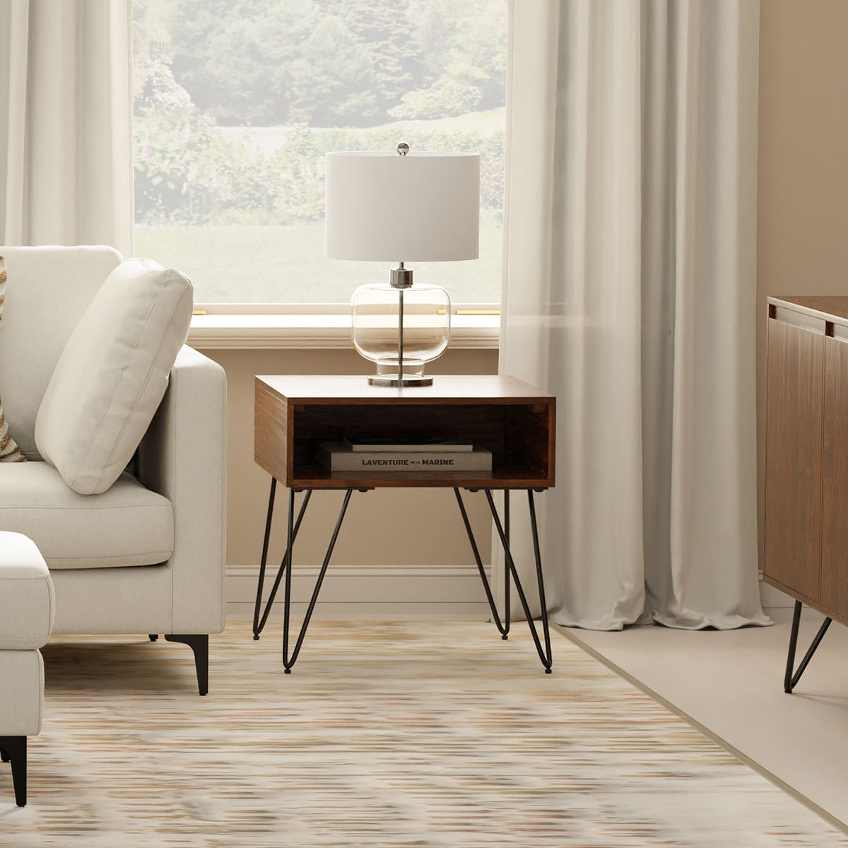 Wood End Table with Open Storage and Iron Hairpin Legs - Dark or Light Brown, photo 11 of 12
