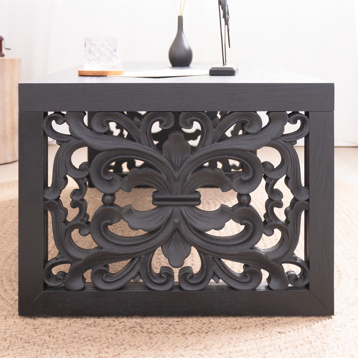 Rustic Carved Wood Coffee Table, Handcrafted Look With Ornate Side Panels, photo 10 of 14