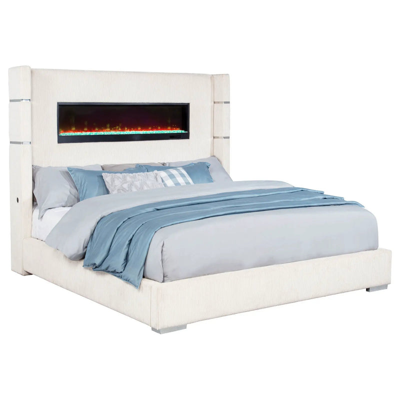 Tisdall Upholstered Eastern King Flame Visualizer Bed Cream by Unique Piece Furniture