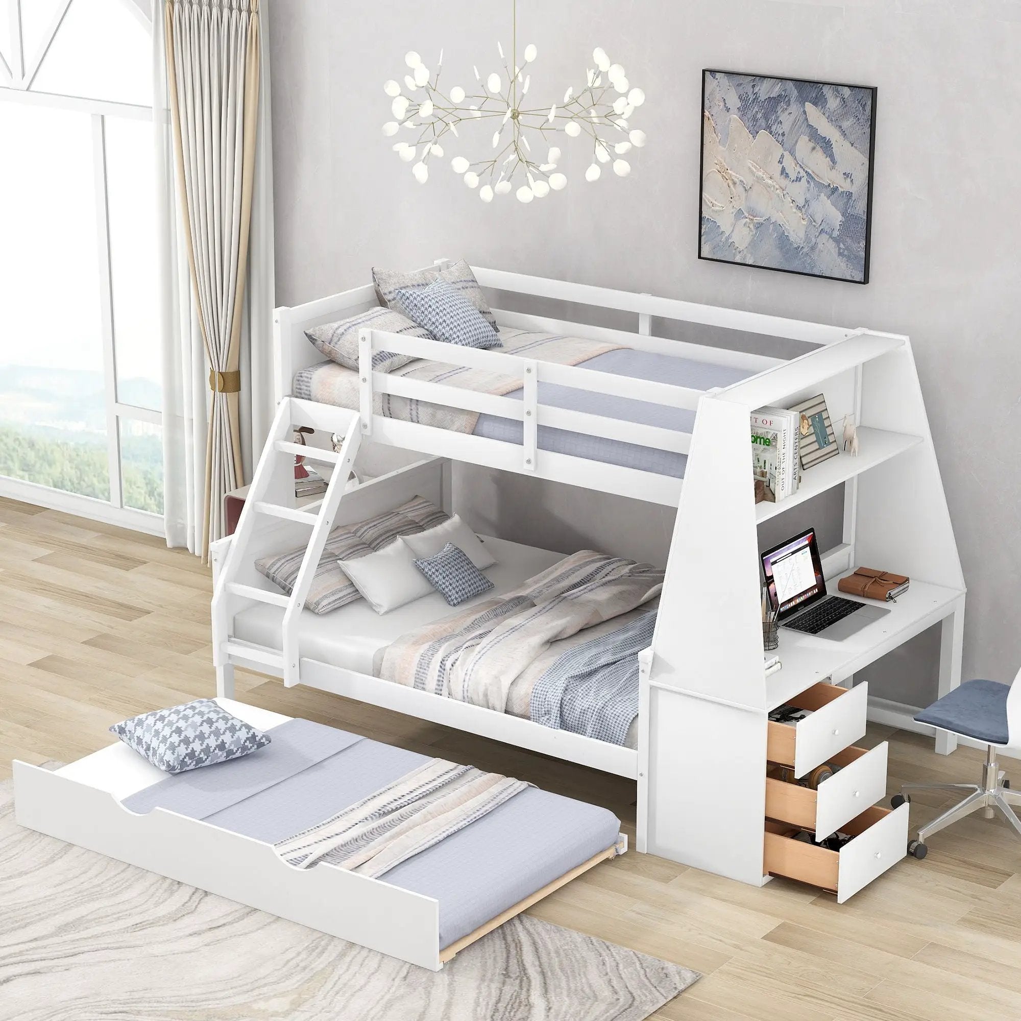 Bunk Bed With Trundle And Built In Desk, 3 Storage Drawers And Shelf by HouseOfZazla