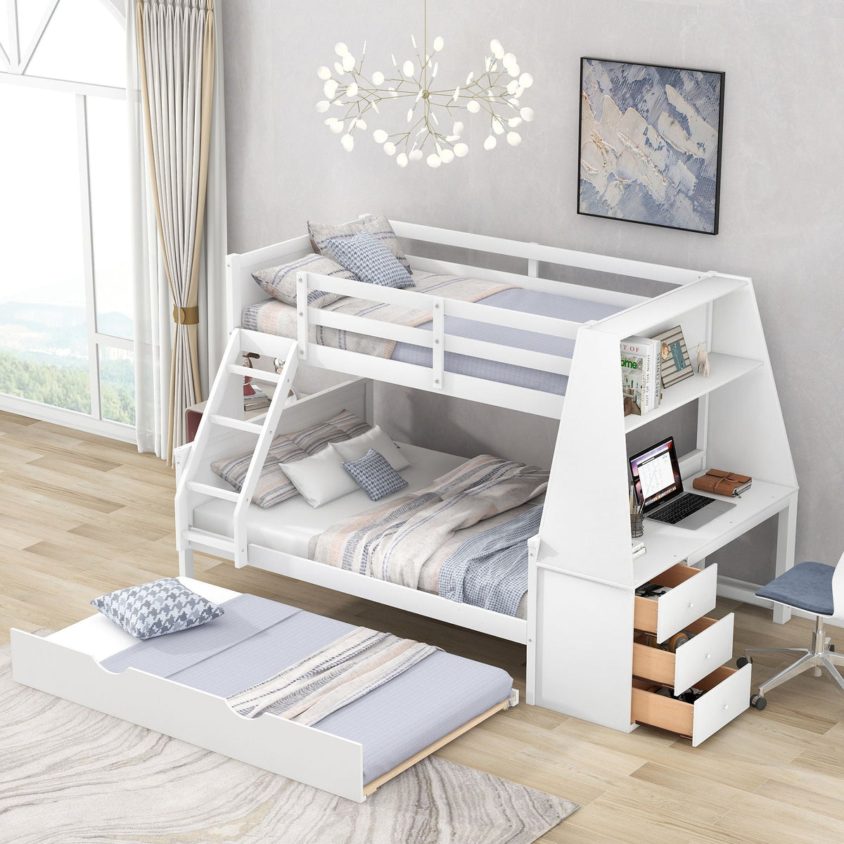 Bunk Bed With Trundle and Built-In Desk with Storage Drawers - White or Dark Gray, photo 22 of 22
