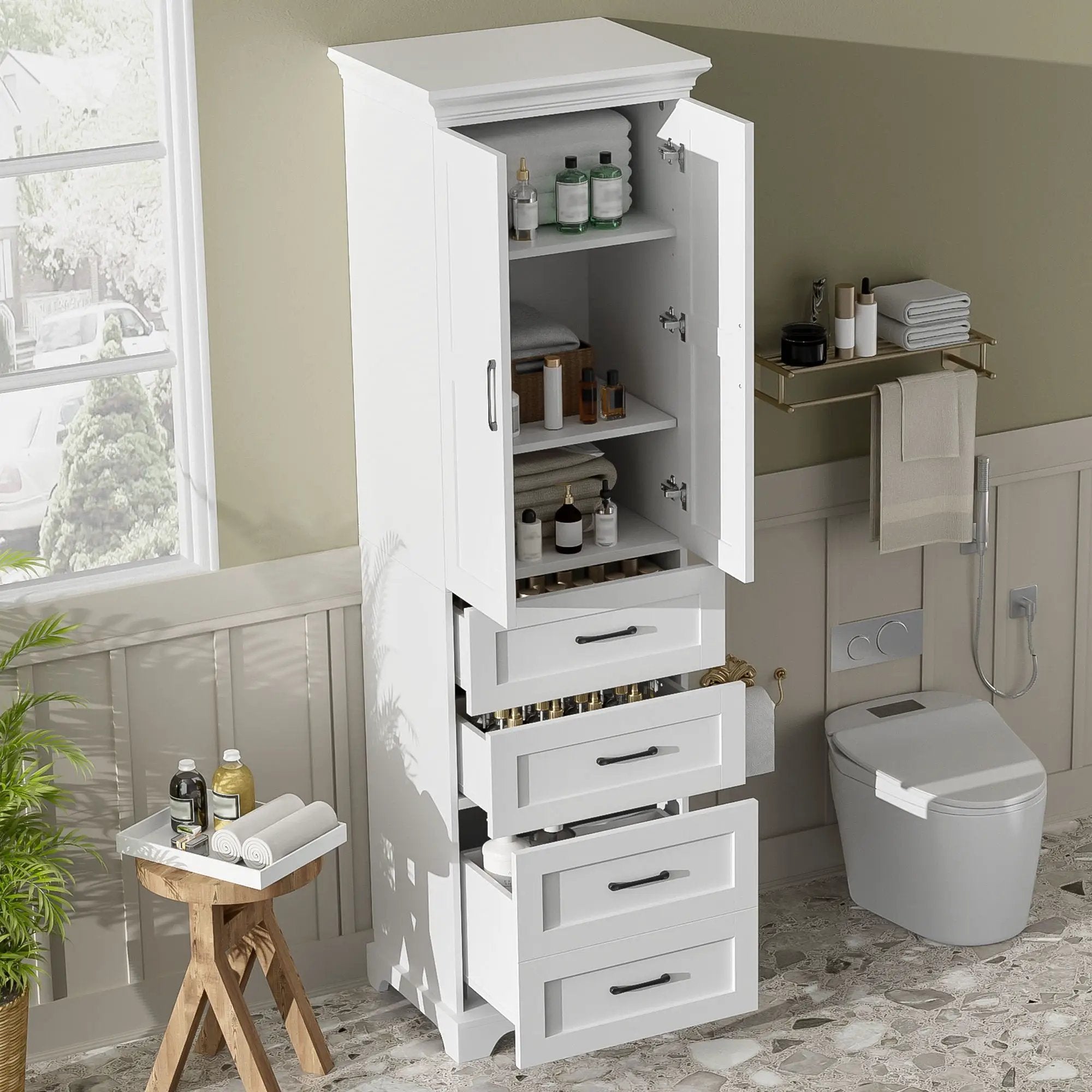 Bathroom Vanity With 2 Damping Hinge Doors, 3 Drawers, Adjustable Shelves - White by Unique Piece Furniture