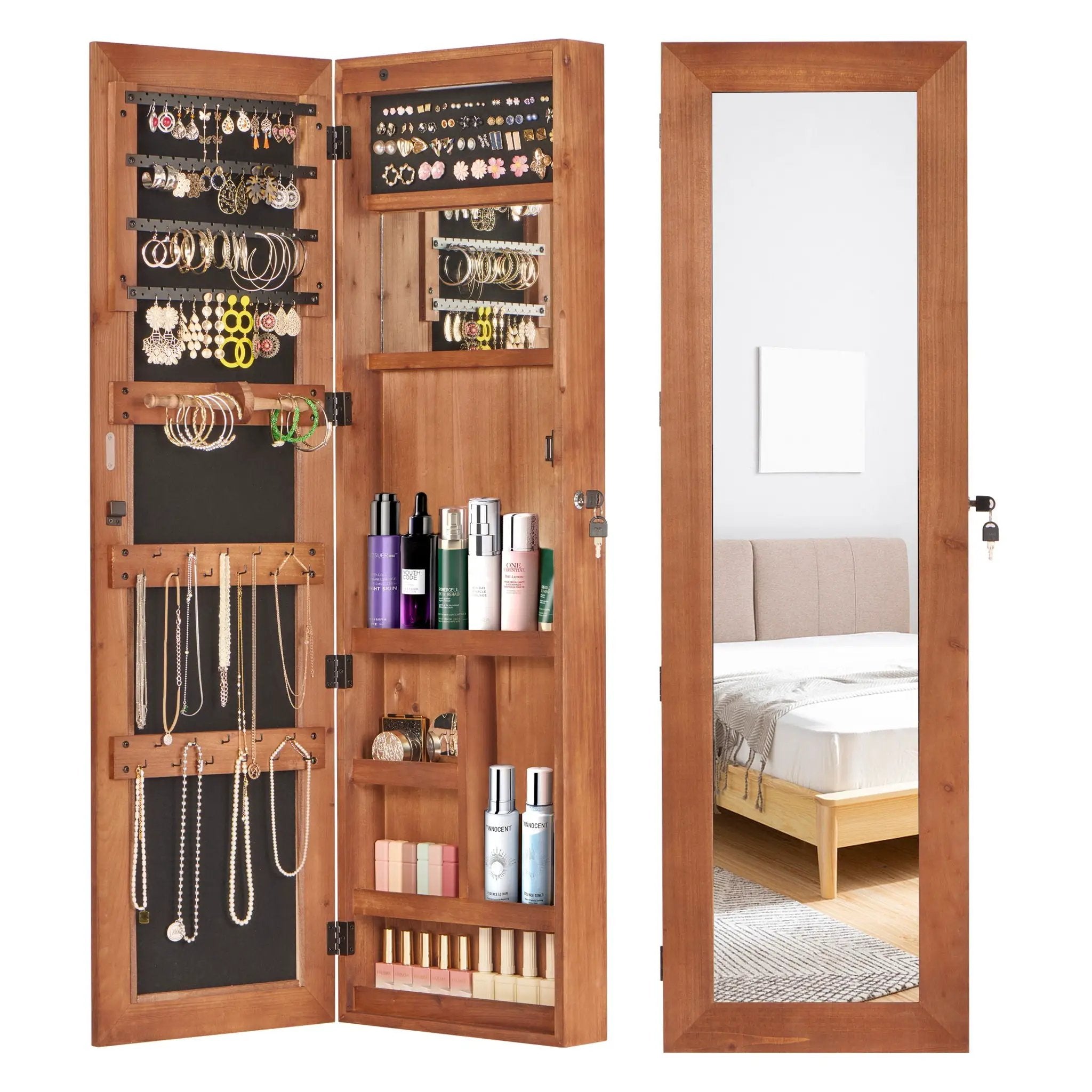 Jewelry Armoire Organizer With Full Length Mirror, Wall Mounted Lockable Cabinet With LED Light by Unique Piece Furniture
