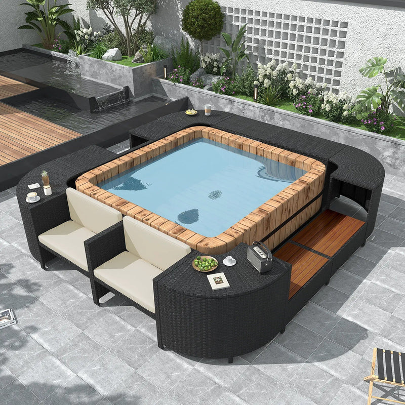 Spa Surround Spa Frame Quadrilateral Outdoor Rattan Sectional Sofa Set With Mini Sofa, Wooden Seats And Storage Spaces by HouseOfZazla