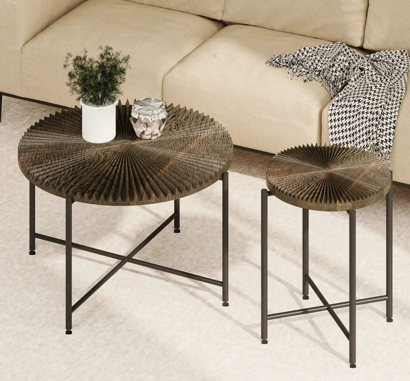 Radial - Pattern Coffee And End Table Set Waterproof Cover, Distressed Cylindrical Design (Set of 2) by Unique Piece Furniture