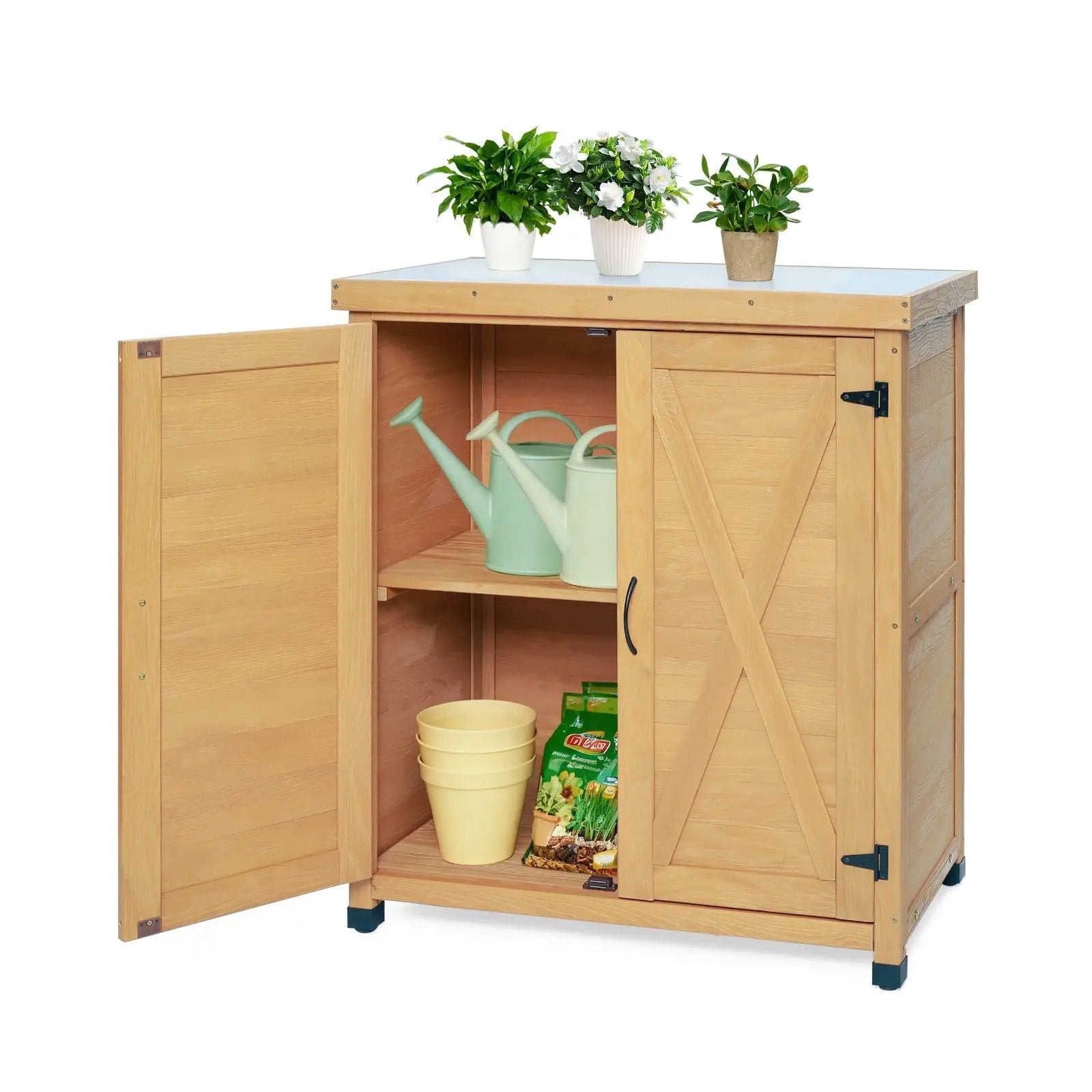 Potting Bench with Storage Cabinet and Metal Table Top for Outdoor Patio by HouseOfZazla