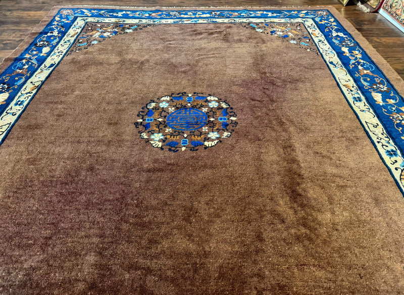 Antique Chinese Wool Rug 9x11, Large Chinese Art Deco Rug, Peking Rug, Brown and Blue, Open Field, Fete Rug by Jewel Rugs
