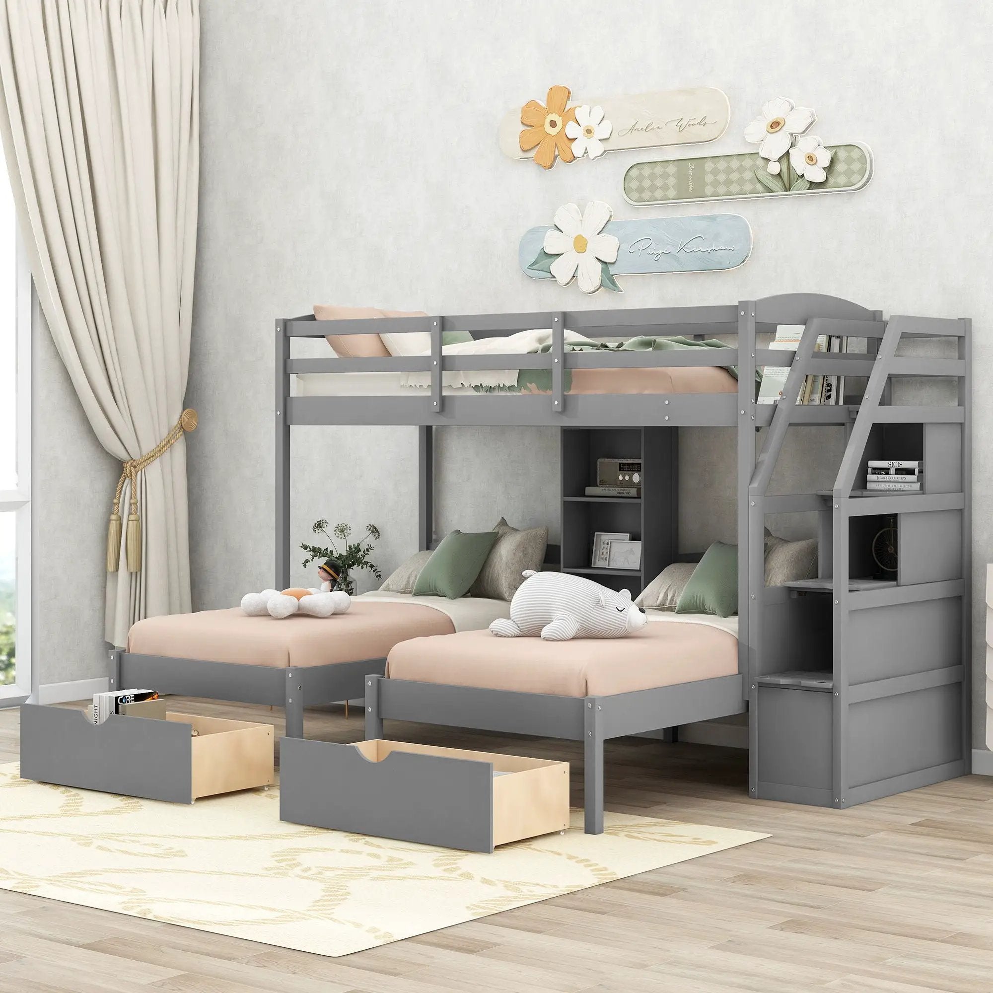 Twin Over Twin & Twin Bunk Bed With Drawers, Staircase Storage, Built In Shelves - Gray by Unique Piece Furniture
