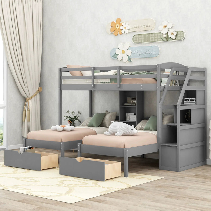 Twin Over Twin & Twin Bunk Bed With Drawers, Staircase Storage, Built In Shelves - Gray by Unique Piece Furniture