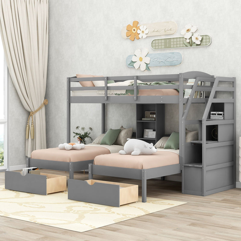Gray Twin Over Twin & Twin Bunk Bed with Drawers, Staircase Storage, and Built-In Shelves, photo 13 of 14