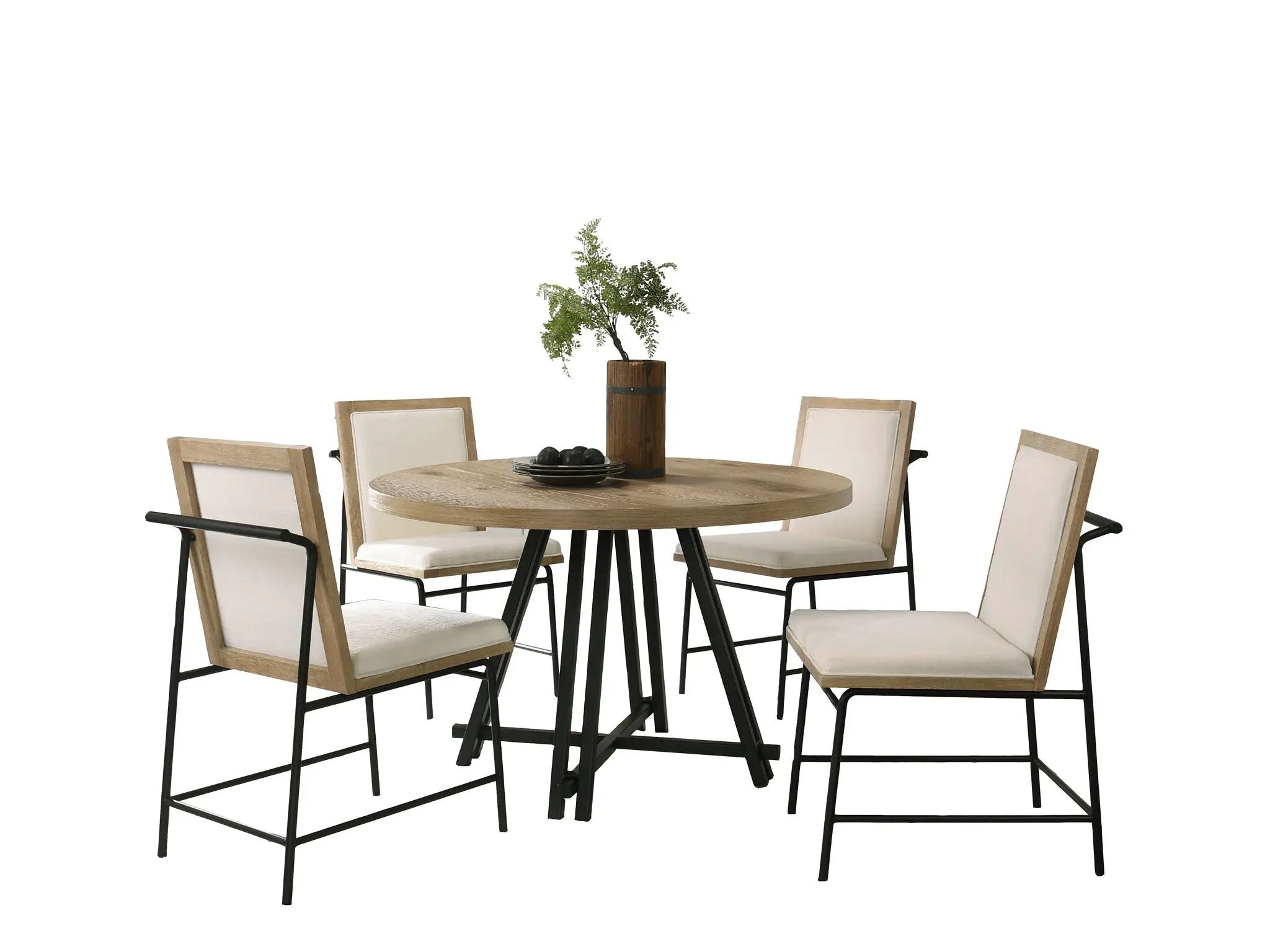 Tate - Round Dining Table With Cream Color Upholstered Chairs (Set of 5) - Oak Finish by HouseOfZazla