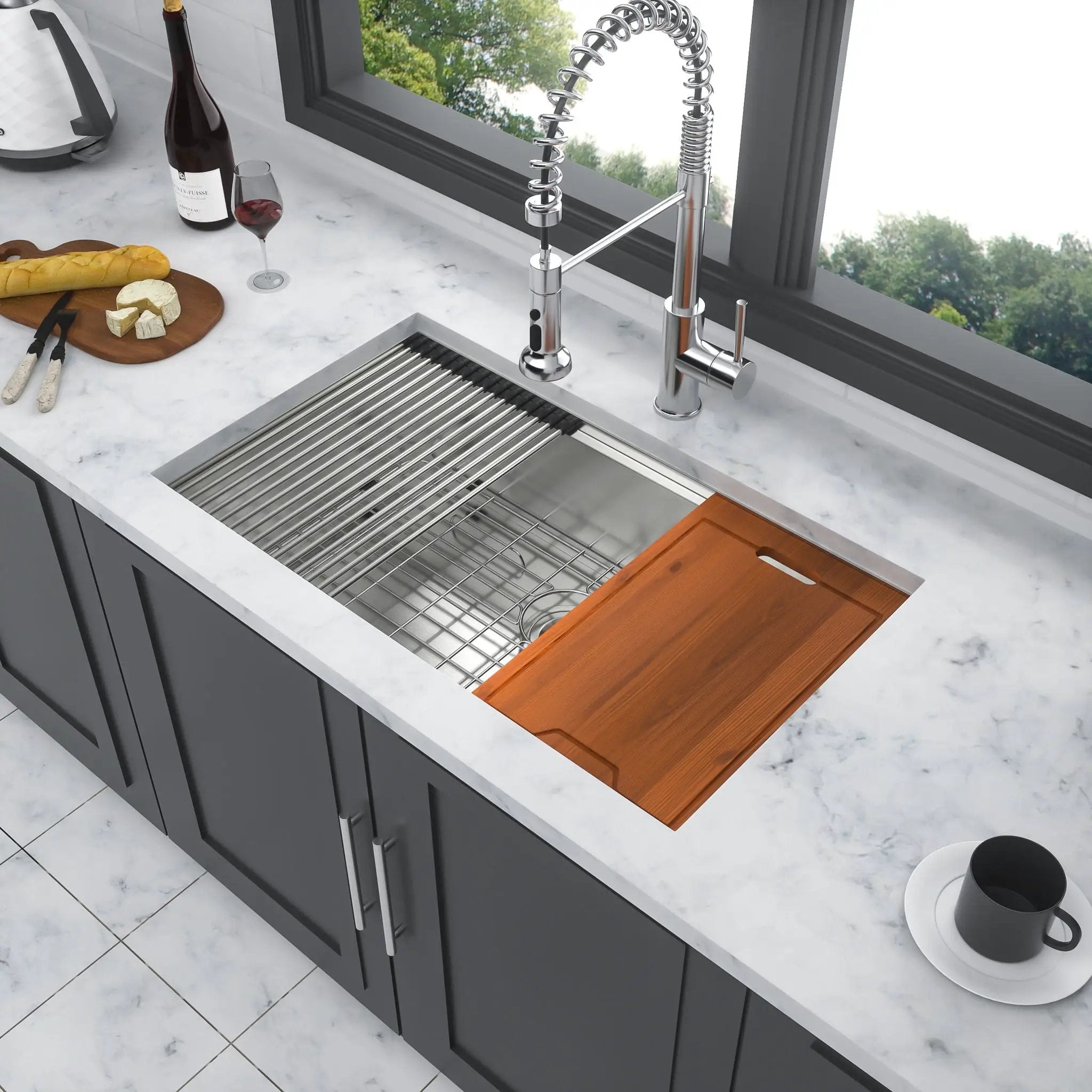 30" Undermount Kitchen Sink 16 Gauge Ledge Workstation - Brushed Nickel by HouseOfZazla
