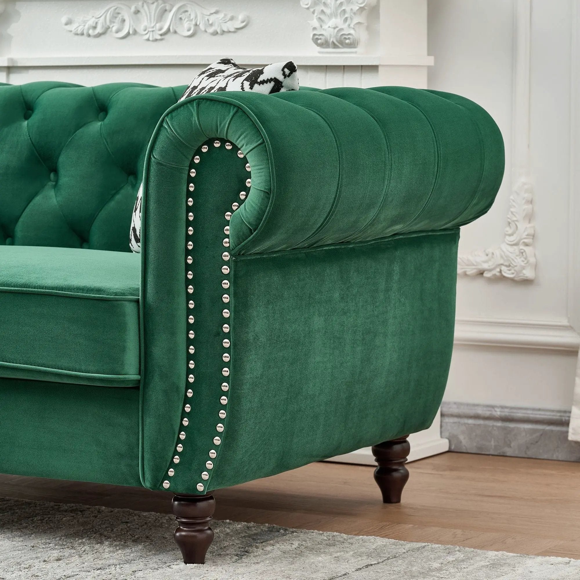 Chesterfield Fabric Sofa With Roll Armrest And Nailhead, Mid Century 2 Seater Couch by HouseOfZazla
