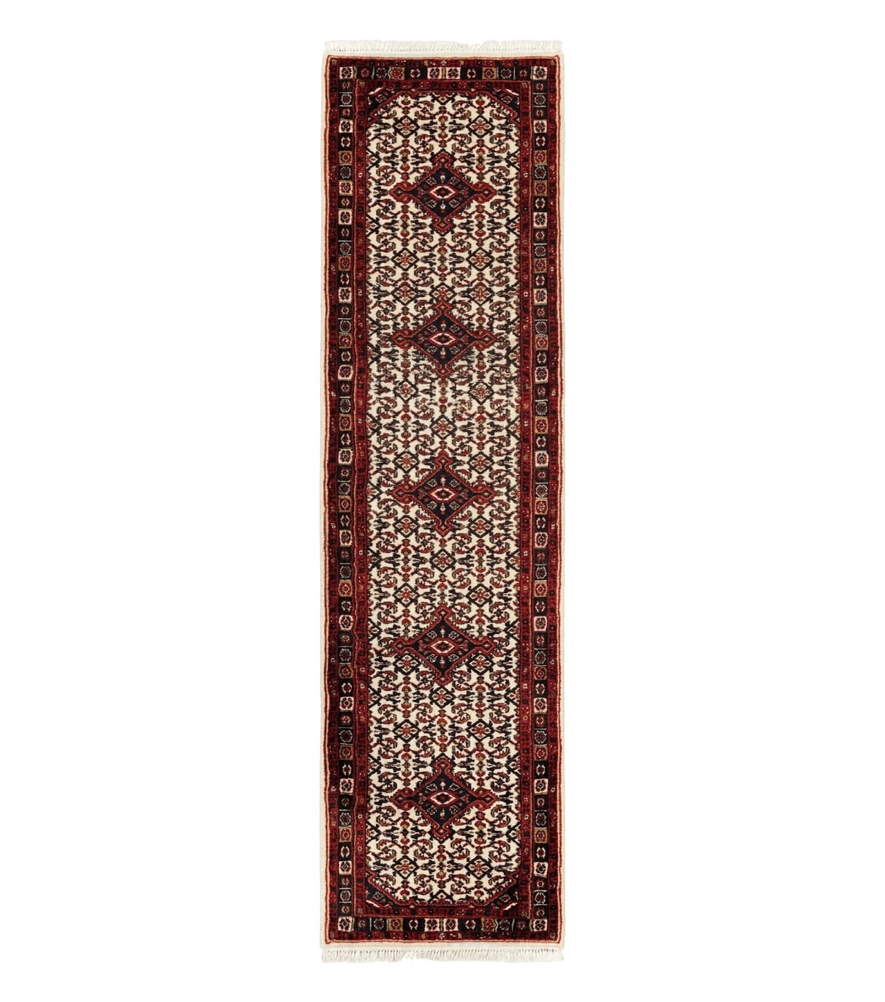 Indo Persian Bidjar Runner Rug 2.8 x 10, Vintage Rug for Hallway, 10ft Runner, Wool Handmade Ivory and Red, Medallions by Jewel Rugs