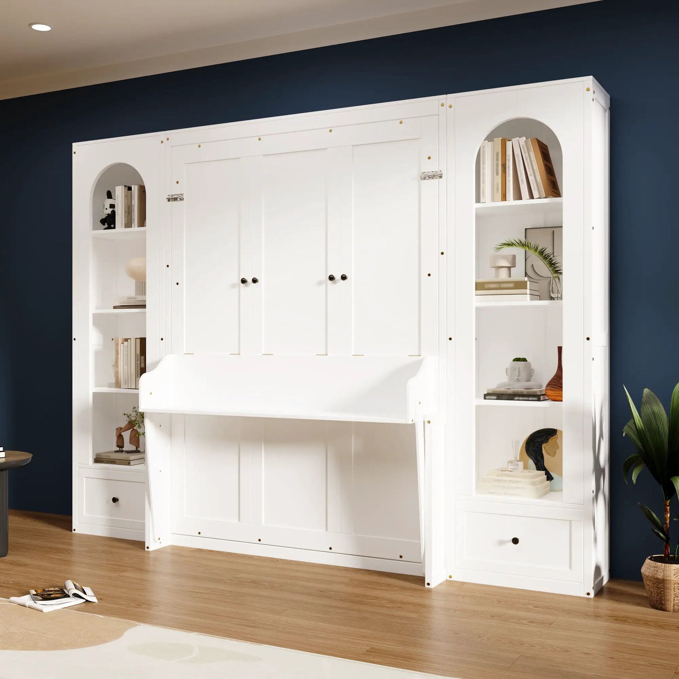 French Style Murphy Platform Bed With Shelf, Side Cabinets, Drawers And LED by HouseOfZazla