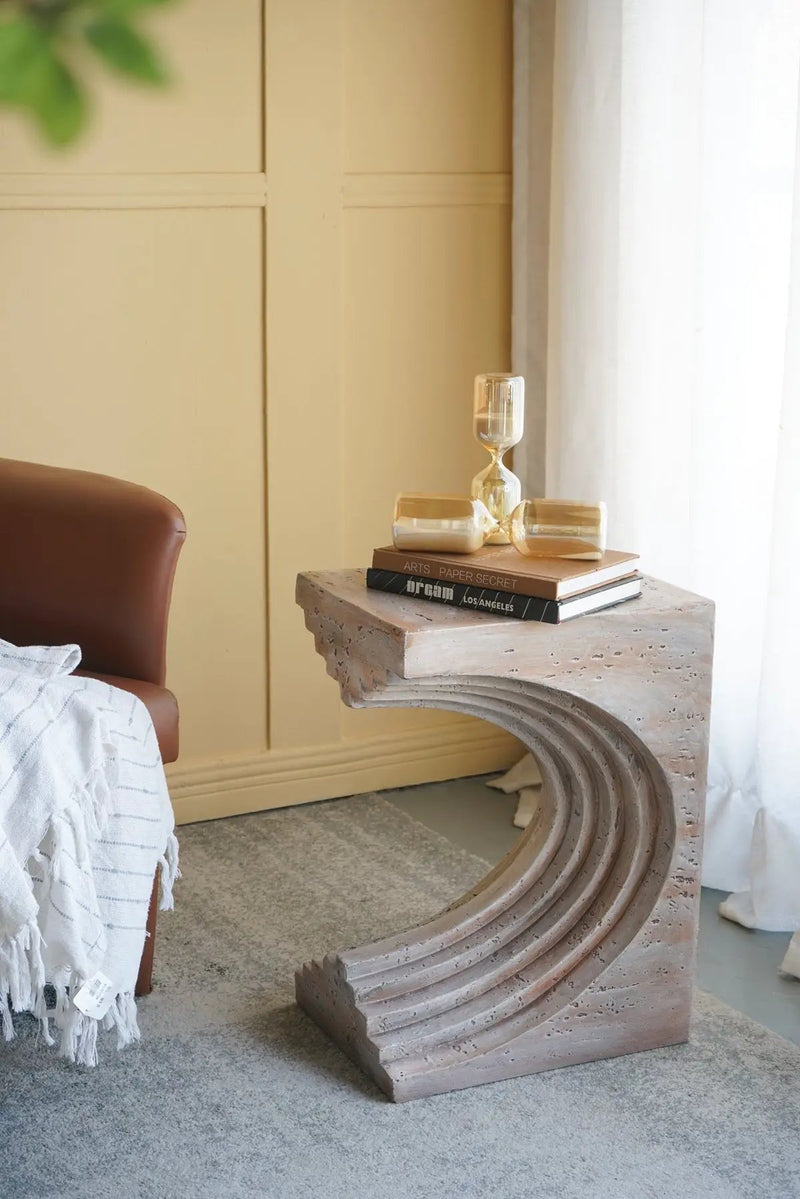 16.3x12.2x22.6 Modern Sculptural Arched Side Table with Faux Travertine Finish by HouseOfZazla