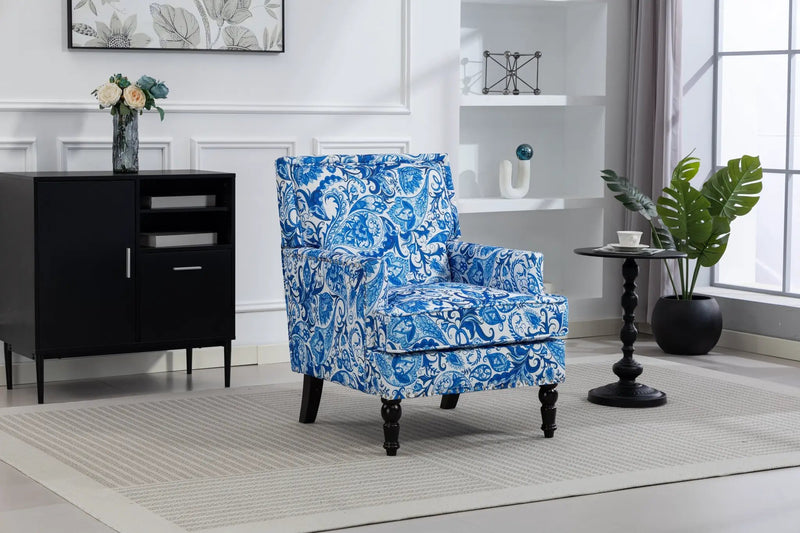 Upholstered Accent Chair with Blue and White Porcelain Print Linen Fabric by HouseOfZazla