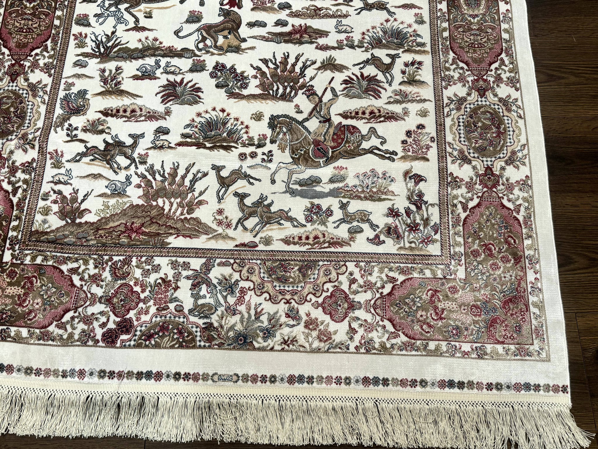 Turkish Silk Hunting Scene Rug 4x6, Ivory, Bamboo Silk, New by Jewel Rugs