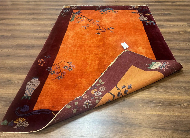Chinese Art Deco Rug 5x8, Antique Chinese Wool Rug, Nichols Rug, Rare Chinese Carpet, Orange and Purple-Maroon by Jewel Rugs