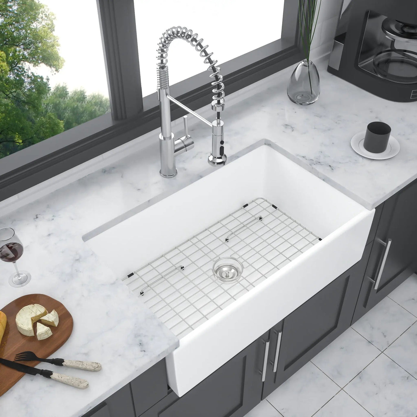 Ceramic Farmhouse Sink With Deep Basin And Stainless Steel Grid by HouseOfZazla