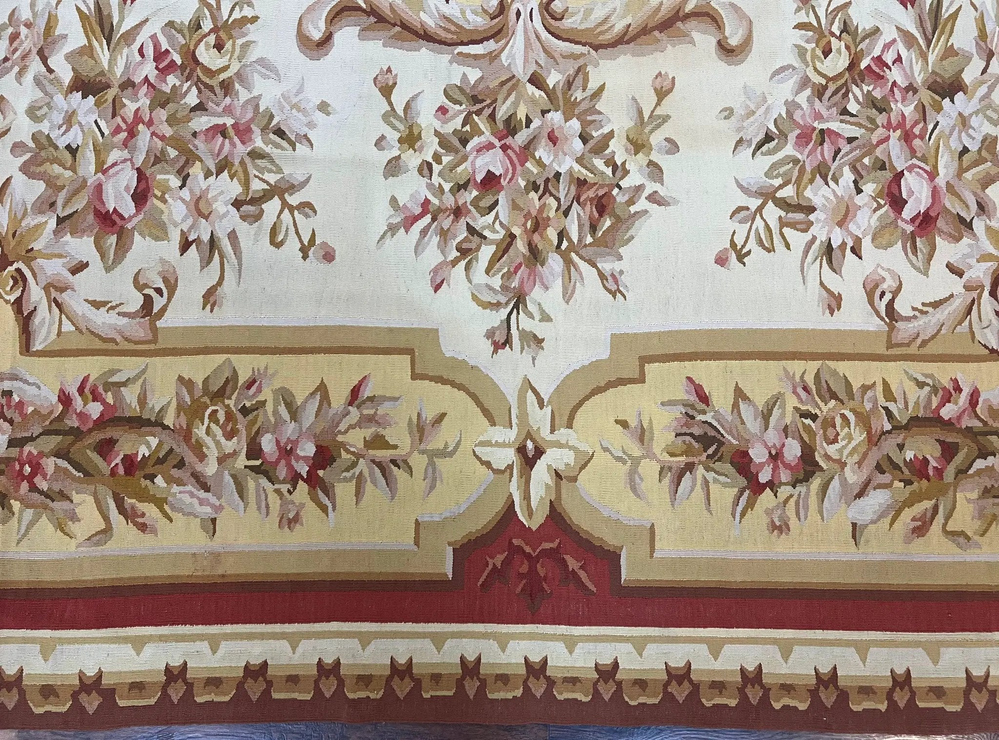 Aubusson Rug 9x12, Elegant Flatweave Savonnerie Carpet 9 x 12 ft, Ivory Light Yellow Red, Handmade Wool Flatweave French European Rug by Jewel Rugs