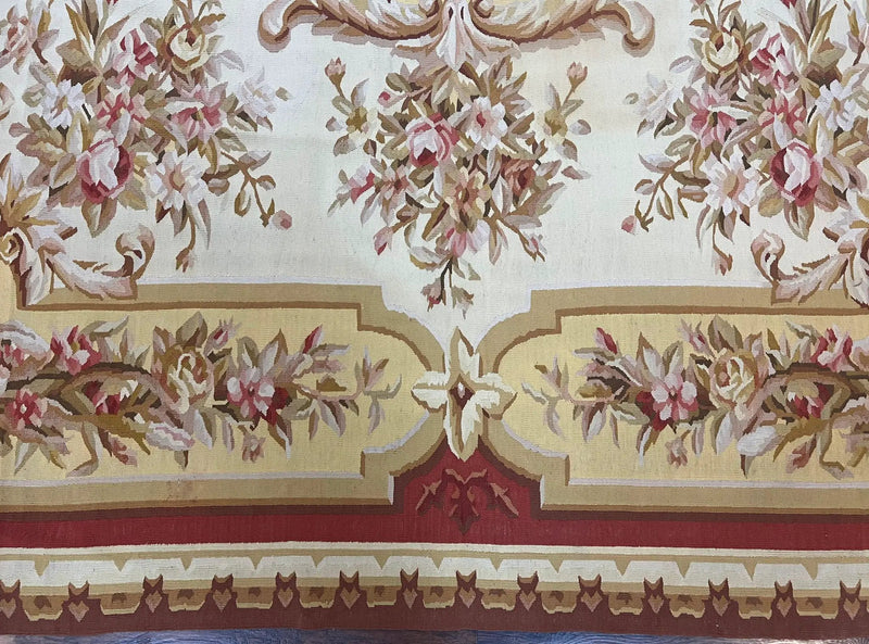Aubusson Rug 9x12, Elegant Flatweave Savonnerie Carpet 9 x 12 ft, Ivory Light Yellow Red, Handmade Wool Flatweave French European Rug by Jewel Rugs