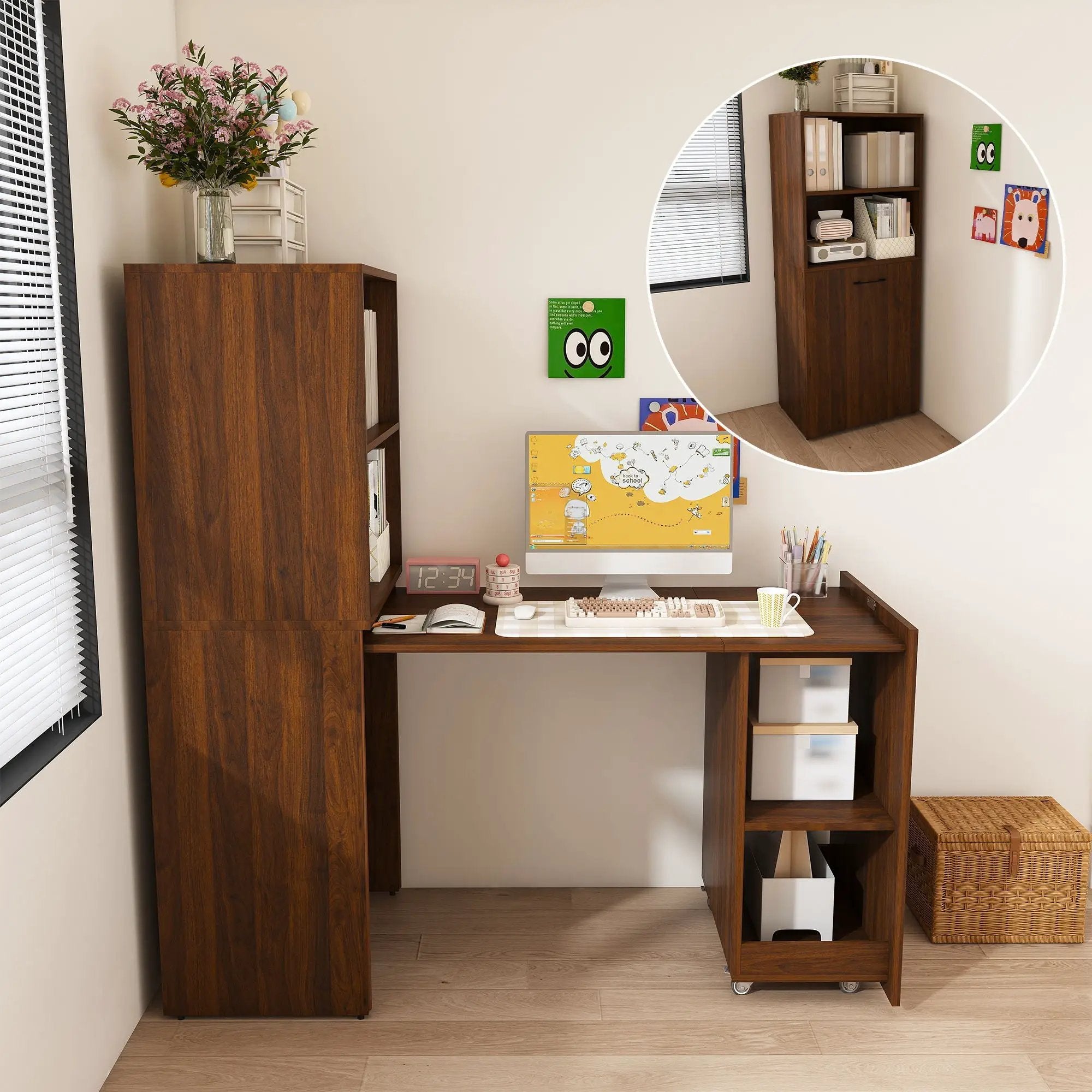 Stretchable Office Desk With Storage Shelves And Mobile Wheels by Unique Piece Furniture