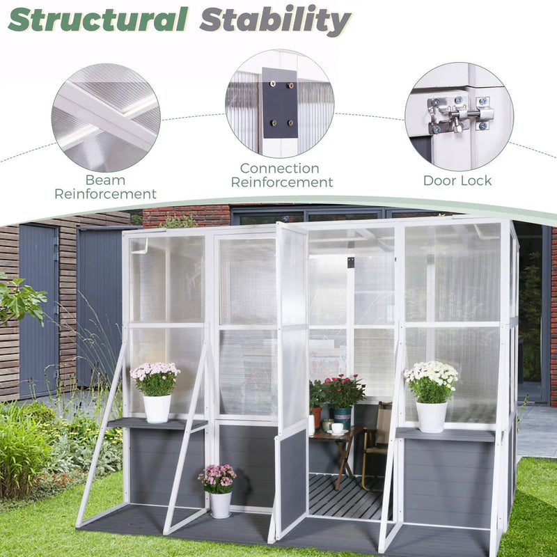Greenhouse, Wooden Lean To Greenhouses For Outdoors, Heavy Duty Walk In Green House For Outside Winter, Large Hot House For Sunroom Storage Shed, Garden, Backyard - White / Gray by HouseOfZazla