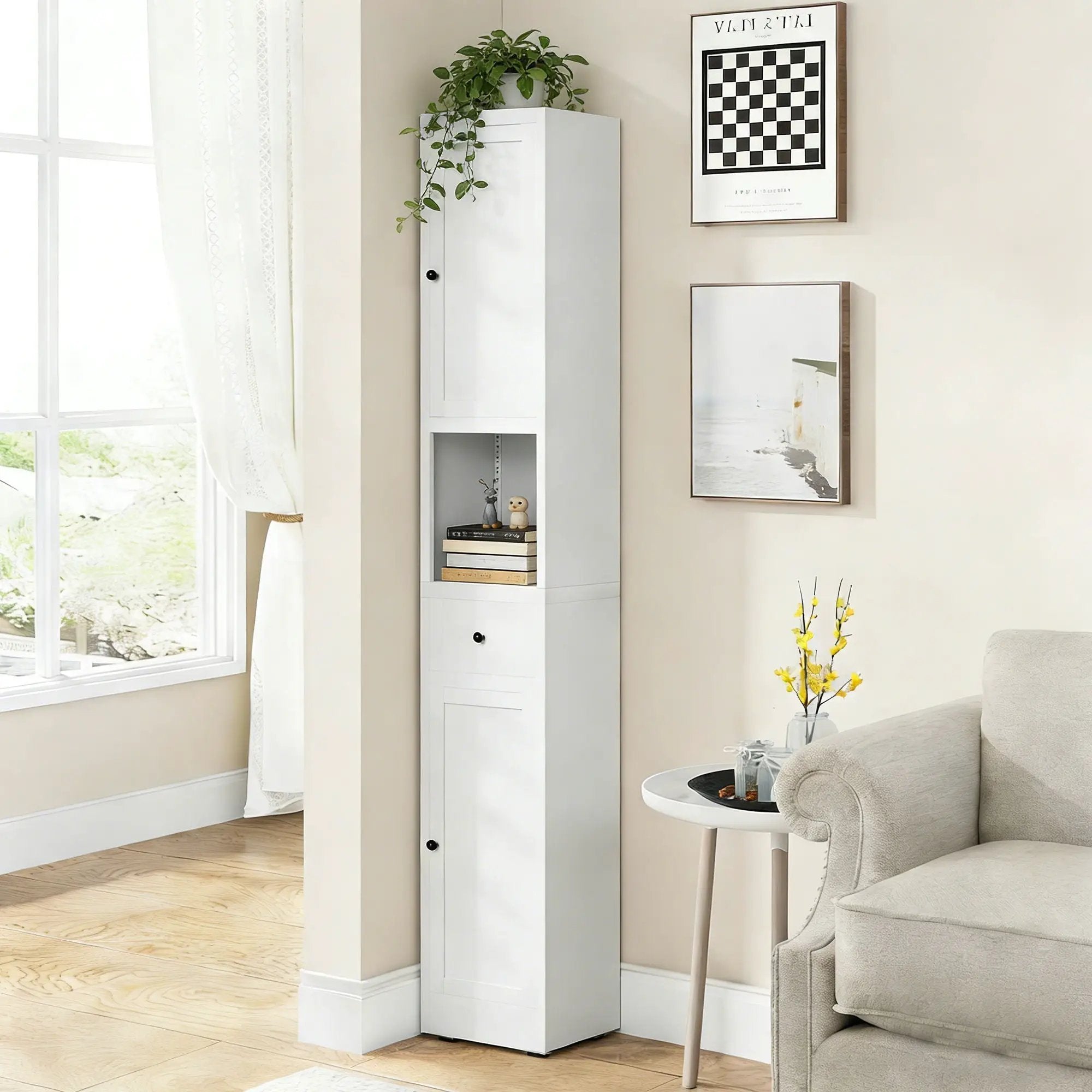 Tall Narrow Bathroom Cabinet With 5-Tier Storage, Adjustable Shelves, Freestanding - White by HouseOfZazla