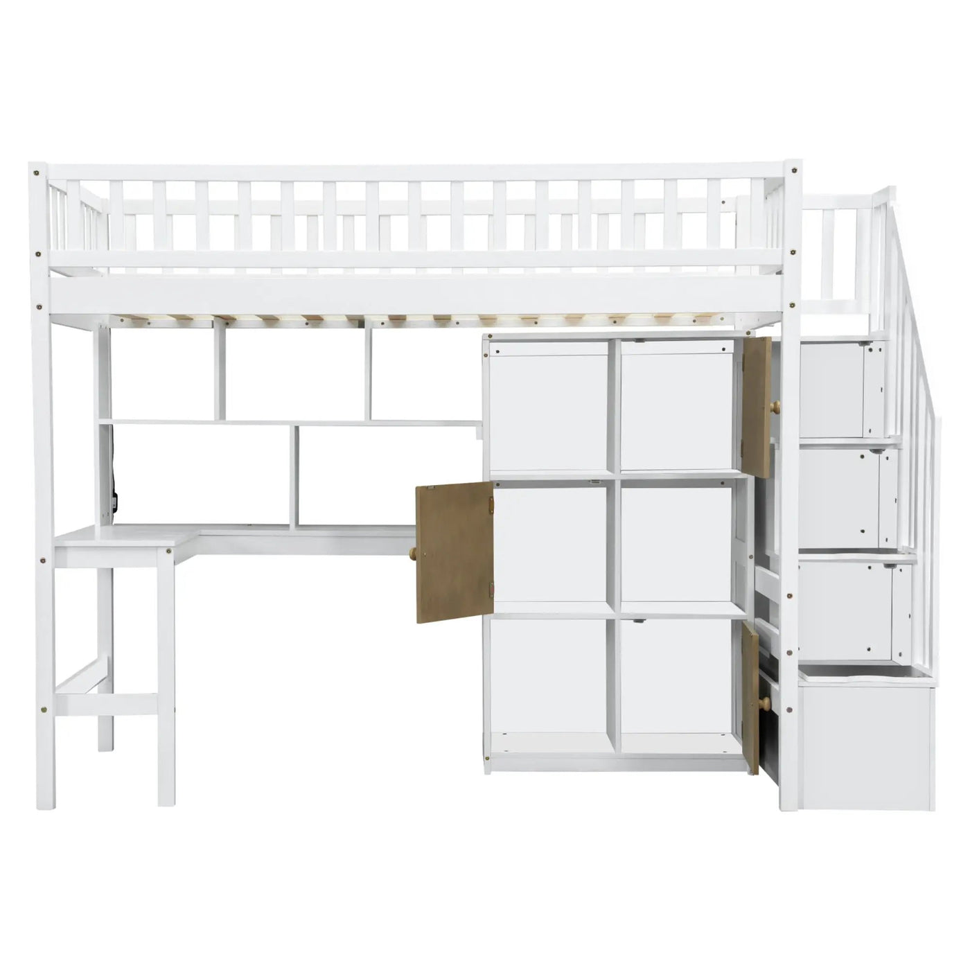 Loft Bed With Built In L Shaped Desk, LED Lights, Storage Shelves, Cabinets, And Staircase by HouseOfZazla