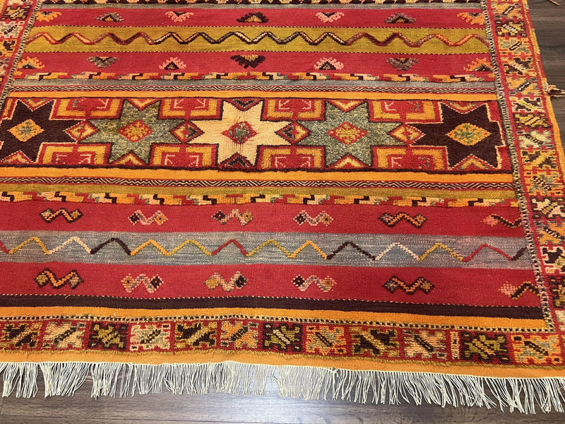 Unique Moroccan Rug 7x10, Room Sized Carpet, Red Orange Gray, Wool Oriental Striped Geometric Tribal Boho Rug, Flatweave with Raised Pile by Jewel Rugs