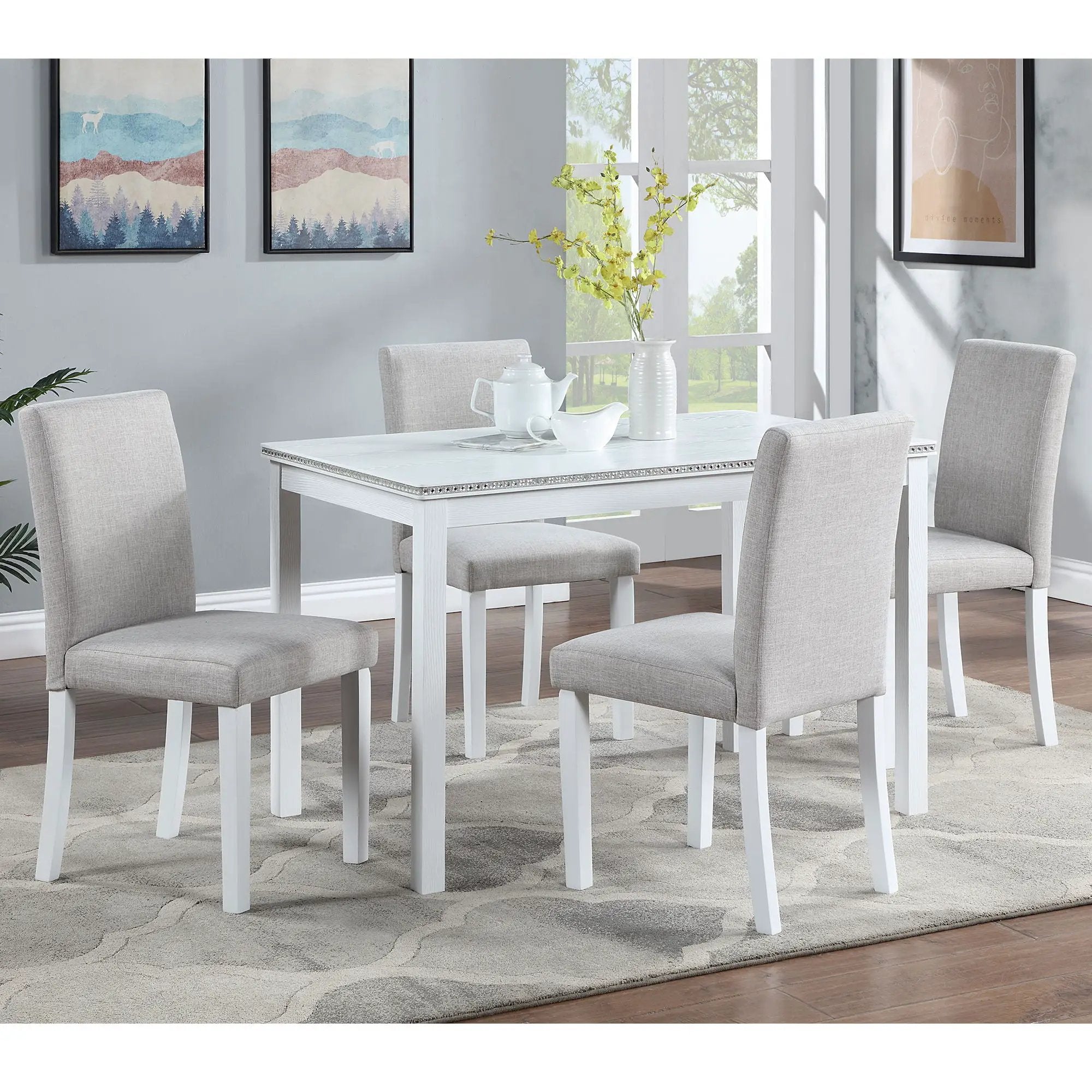 Dining Table Set With Crystal Decoration And Upholstered Chairs by Unique Piece Furniture