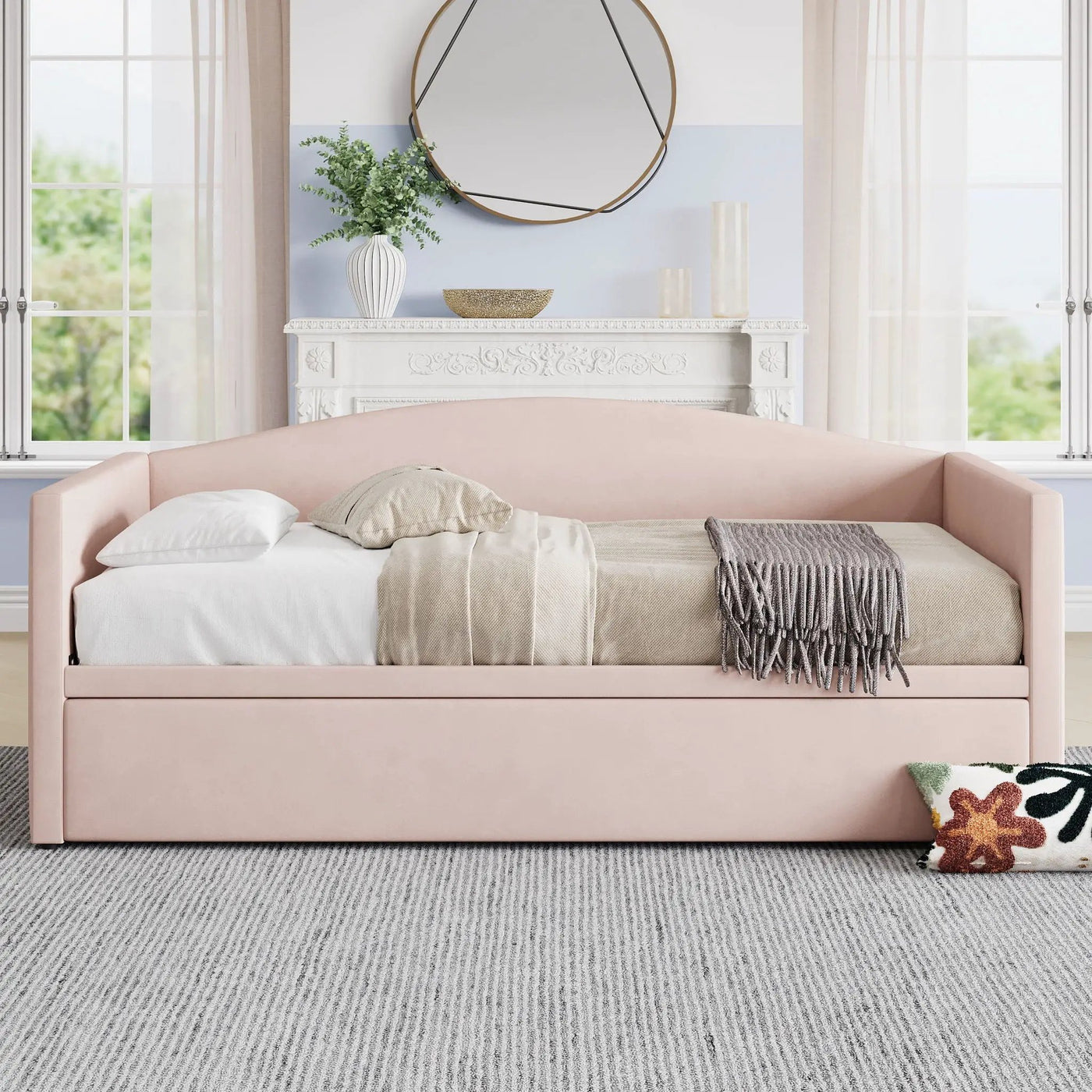 Daybed With Pop Up Trundle, Upholstered Sofa Bed by HouseOfZazla