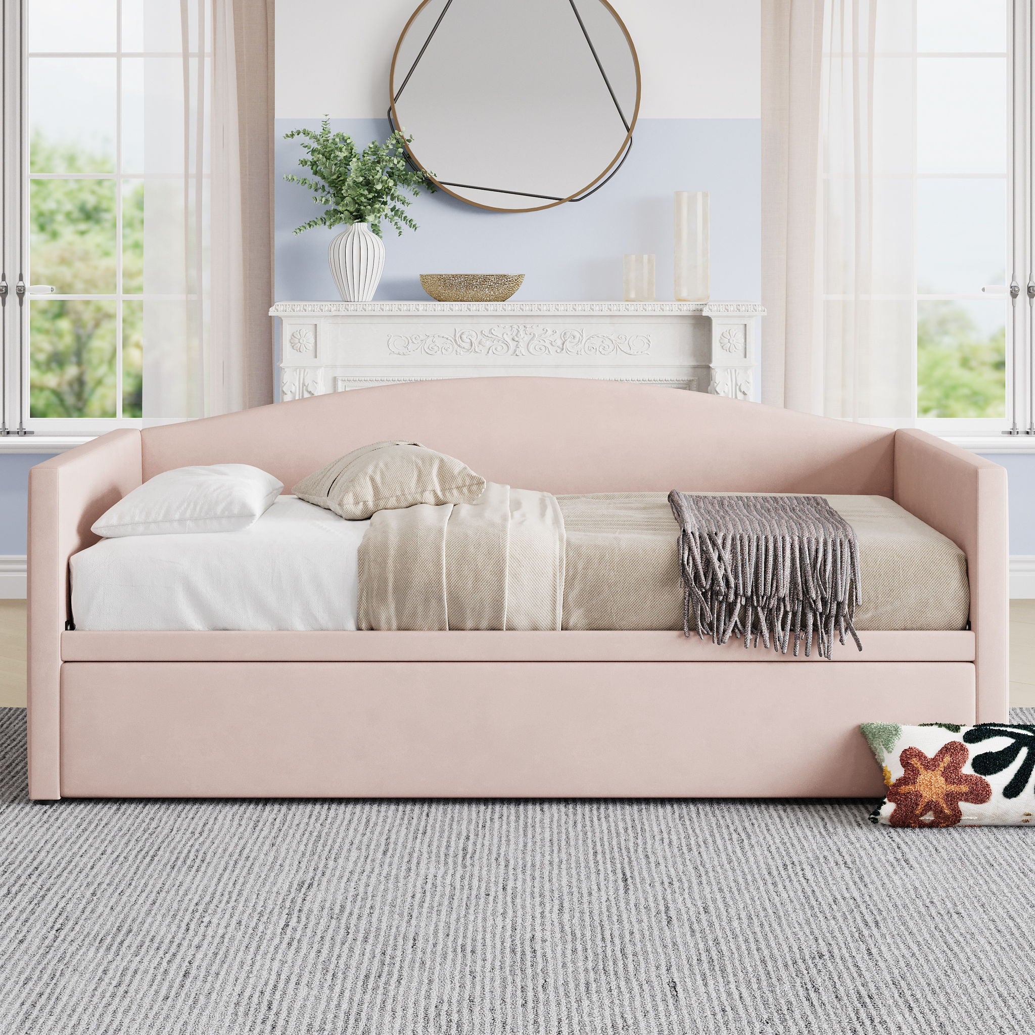 Daybed With Pop Up Trundle, Upholstered Sofa Bed by HouseOfZazla