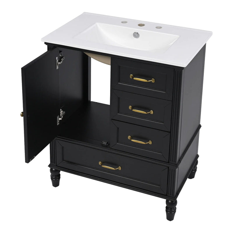 30" Bathroom Vanity With Sink, 3 Drawers, Adjustable Feet