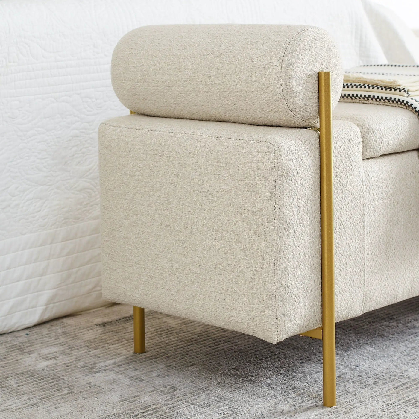 Elegant Upholstered Storage Bench With Cylindrical Arms And Iron Legs, by HouseOfZazla