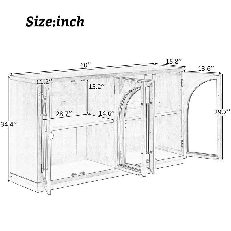 4-Door Large Storage Sideboard Buffet Cabinet with Glass Doors Arched Cabinet (Black) by HouseOfZazla