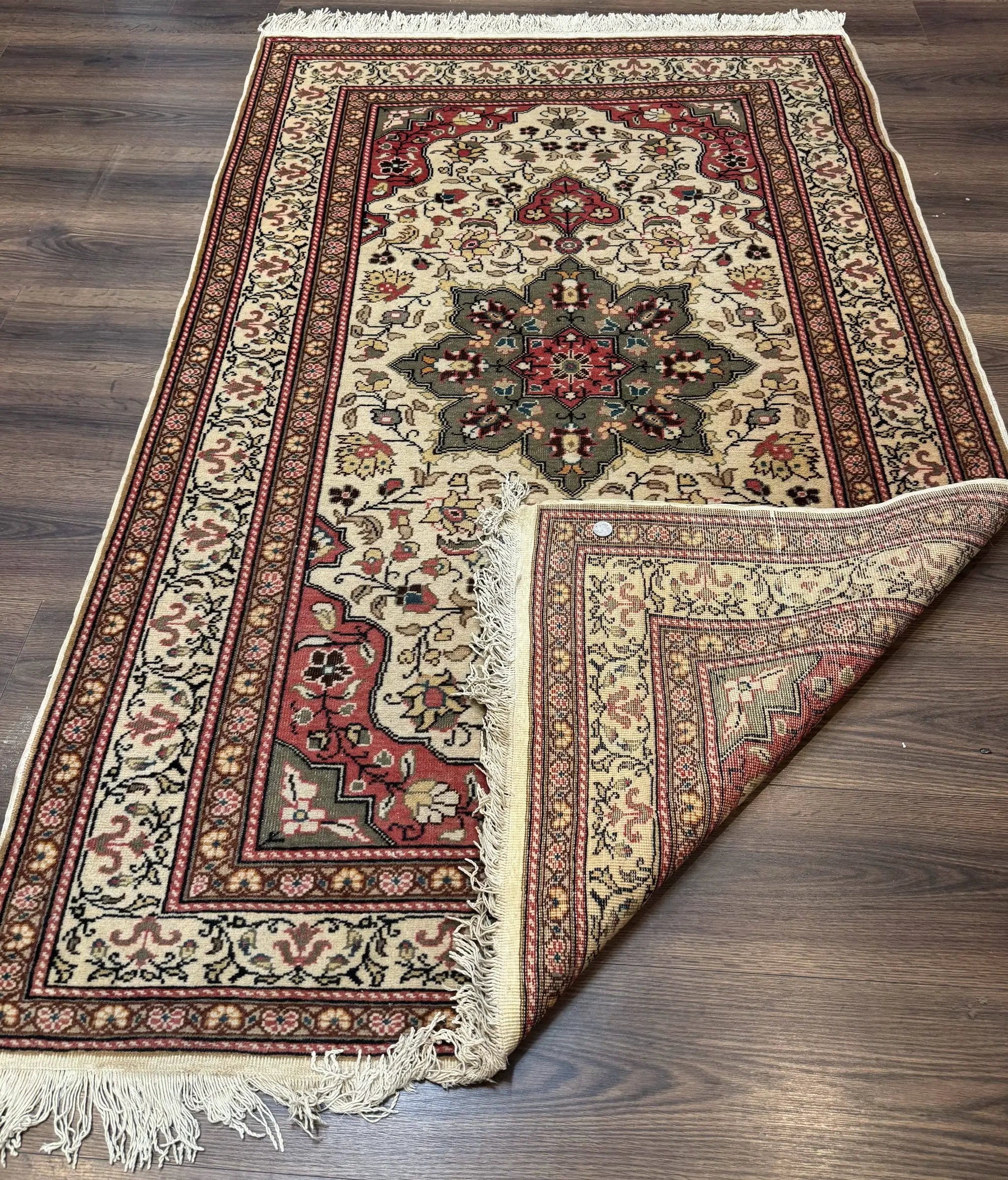 Turkish Sivas Rug 4x6, Floral Medallion, Beige Pink-Red Green, Handmade by Jewel Rugs
