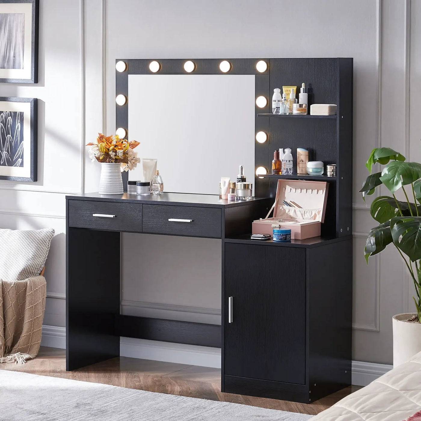 Vanity Desk With Mirror And Lights, 46.4In Dressing Table With 2 Large Drawer & Large Vertical Organizer, 3 Level Dresser & 3 Lighting Modes Adjustable Brightness, Suitable For Bedroom by HouseOfZazla