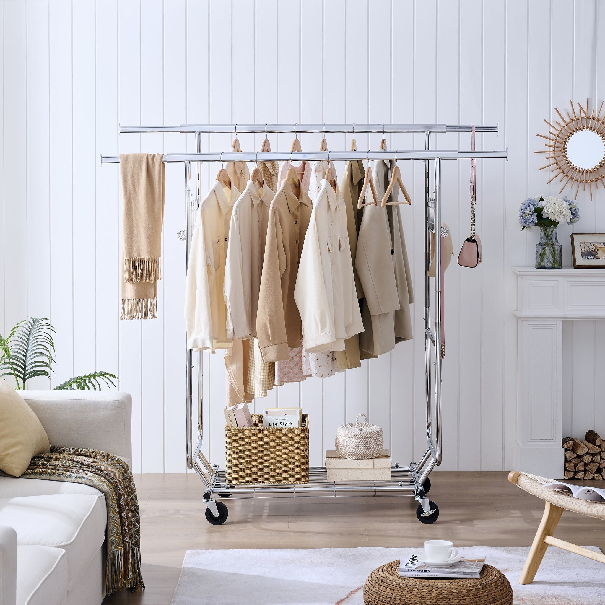 Heavy Duty Double Clothing Garment Rack With Shelves - Silver by HouseOfZazla