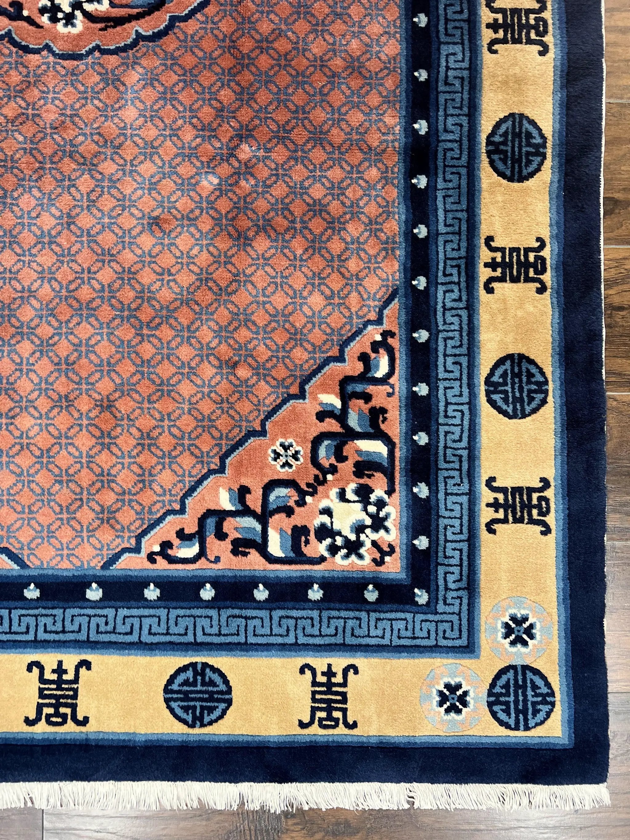 Chinese Peking Rug 5x8, Vintage Semi Antique Chinese Art Deco Carpet, Wool Pile Light Red/Salmon Gold Navy Blue, Handmade Asian Oriental Rug by Jewel Rugs
