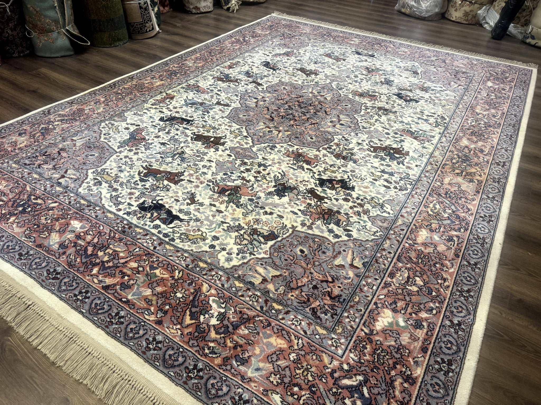 8.8 x 12 Karastan Ivory Hunting Rug #751, Vintage Wool Discontinued Original 700 Series, Rare by Jewel Rugs