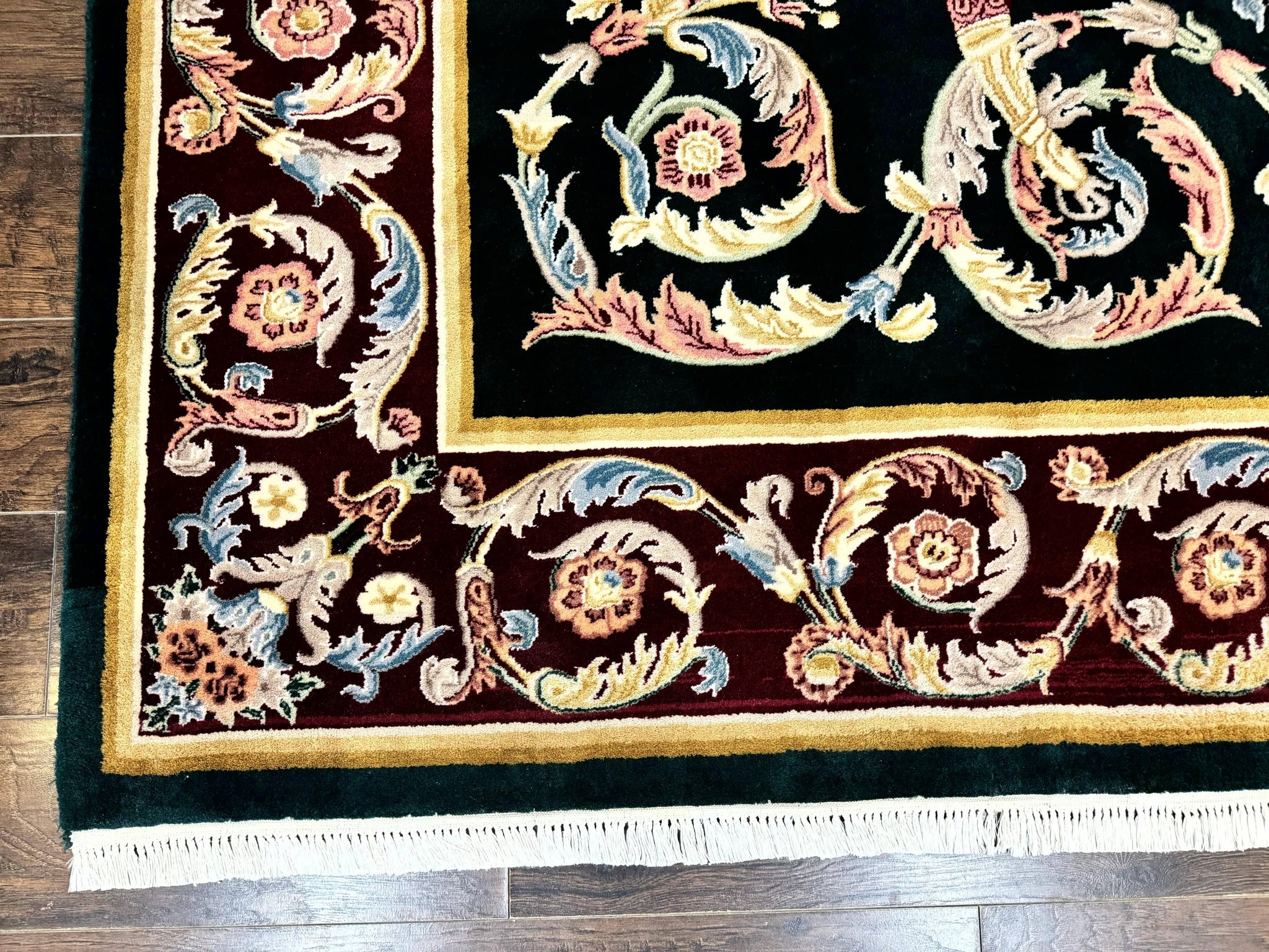 Aubusson Rug 9x12, Dark Green, European Design, Vintage Fine Handmade Carpet, Elegant by Jewel Rugs