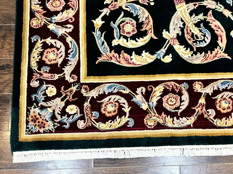 Aubusson Rug 9x12, Dark Green, European Design, Vintage Fine Handmade Carpet, Elegant by Jewel Rugs