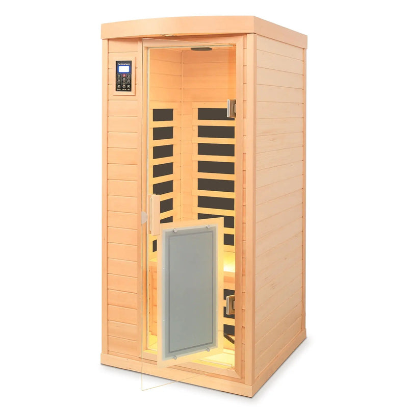 Low Emf Front Door With Heating Panel 1 People Hemlock Far Infrared Indoor Sauna Room - Natural by HouseOfZazla