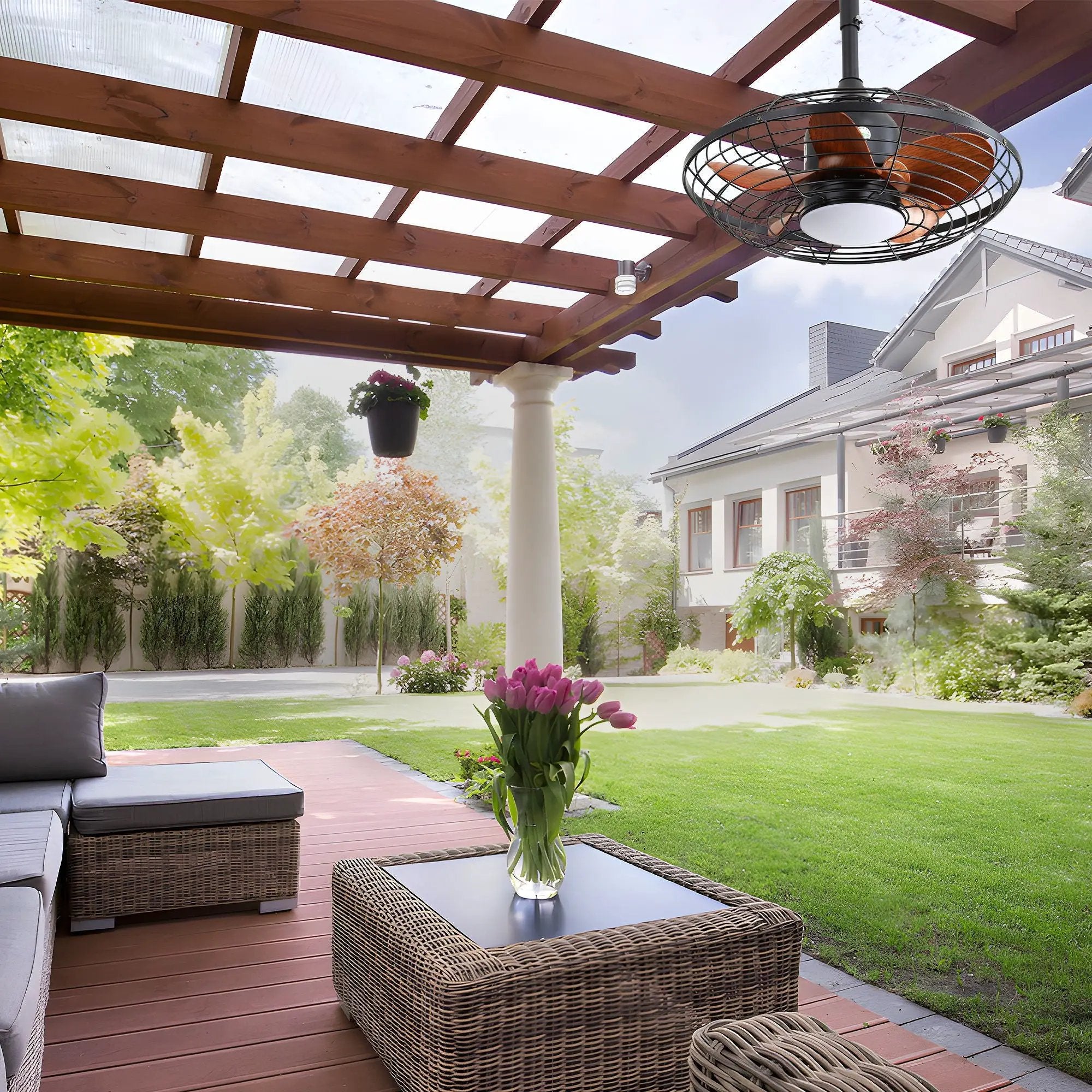 20" Downrod Mount Ceiling Fan LED 18W 3 Cct 5 ABS Blades DC Motor With Hanging And Hook For Outside Patios Pergola - Black by Unique Piece Furniture