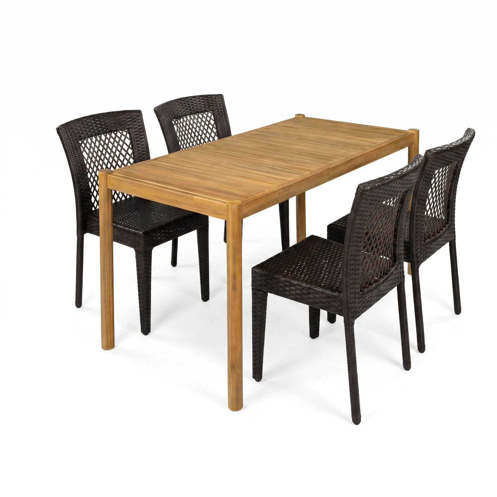 5-Piece Outdoor Dining Set, Acacia Wood Rectangular Patio Table & 4 PE Rattan Iron Frame Dining Chairs by HouseOfZazla