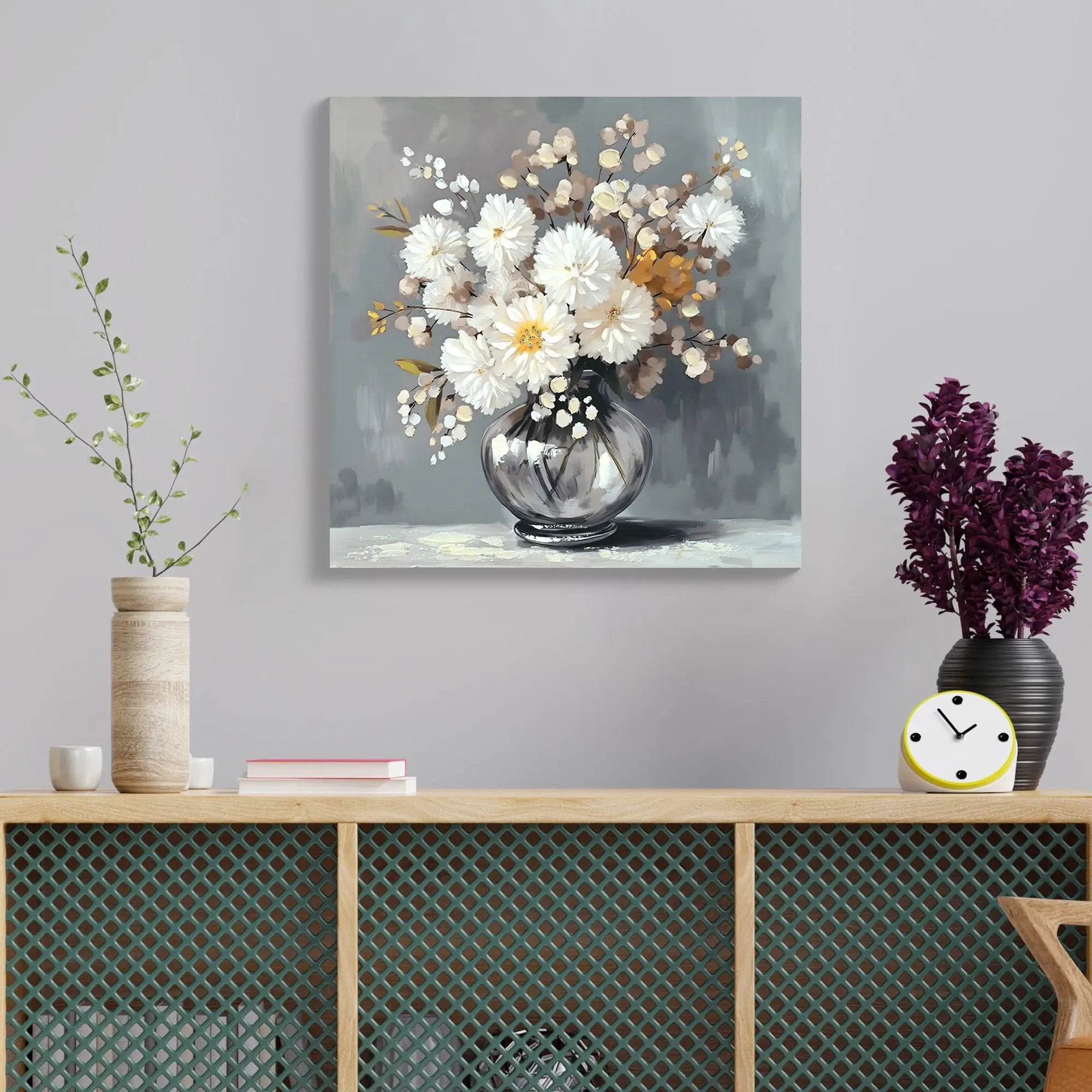 Chrysanthemum Vase Canvas Wall Art Decor Country - Stone White by Unique Piece Furniture